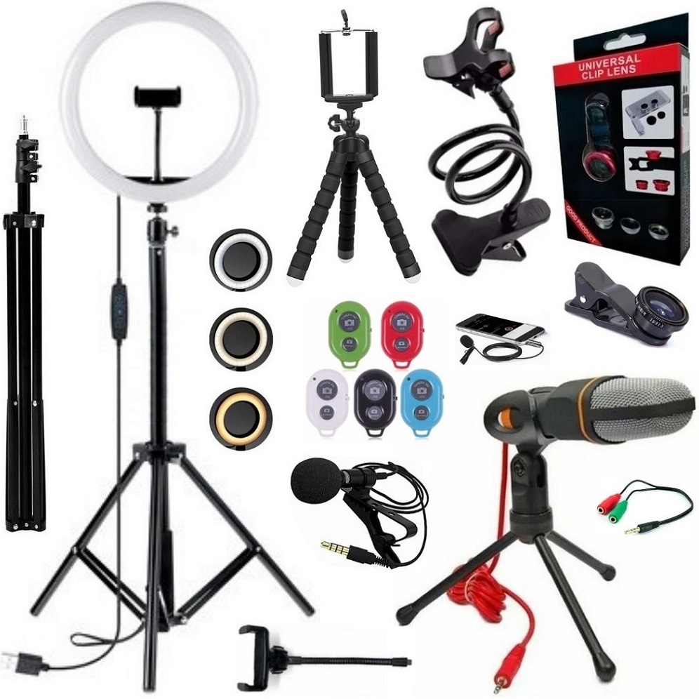 Kit Ring Light com Tripé 2m Microfone Profissional Lapela Gravação Youtuber Tiktok