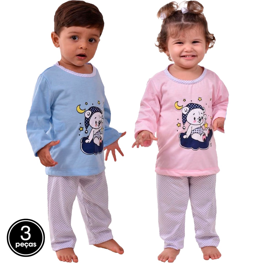 Kit 3 Pijamass Longo WLS Modas Infantil Estampado Bebê