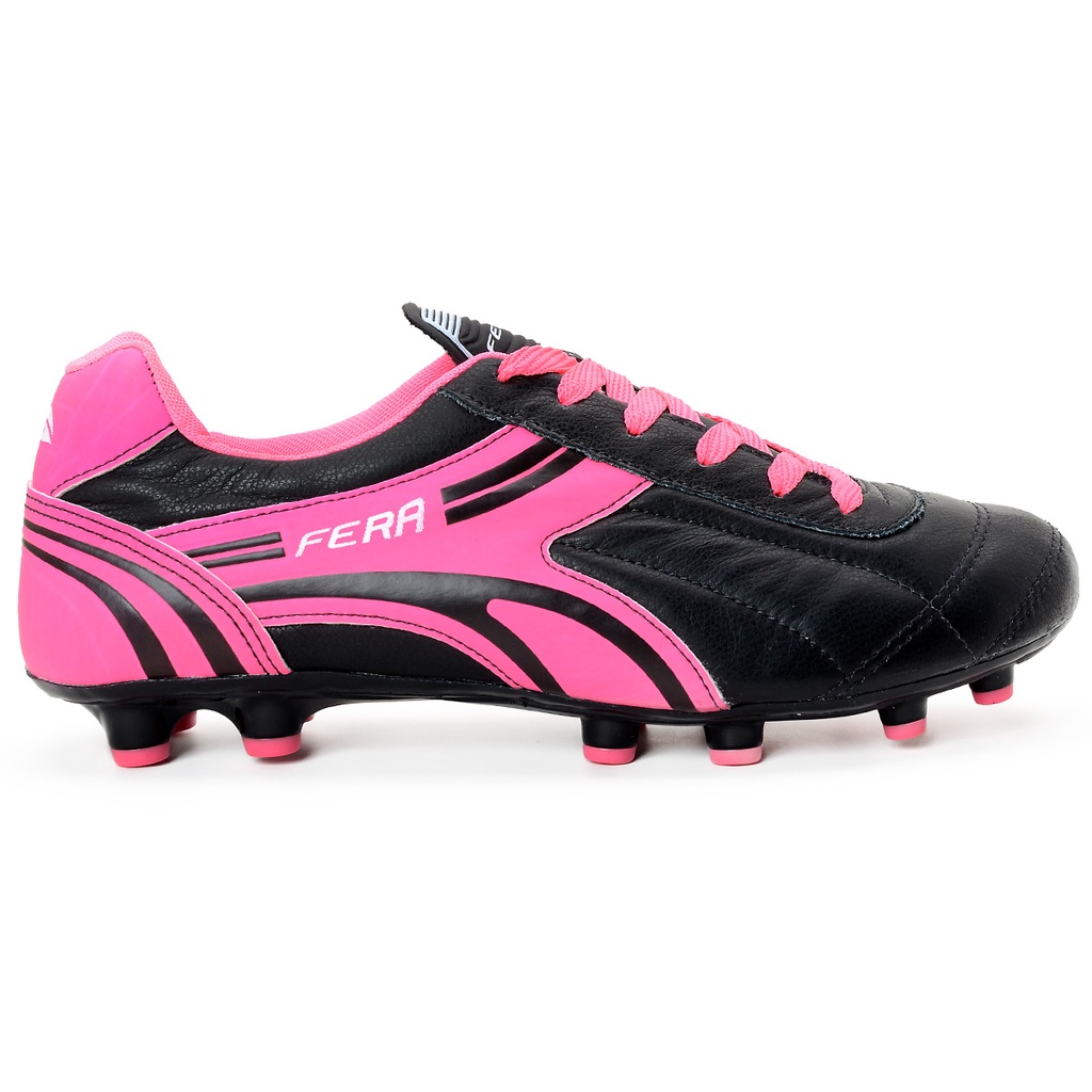 Chuteira Couro Legitimo Campo Gramado Travas Preto Rosa Pink Sola Colada Costurada Envio Imediato