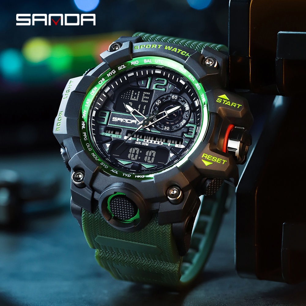 SANDA Relógio Masculino Esportivo Moderno Luminoso À Prova D'água Com Display Duplo/Multifuncional 3133-5