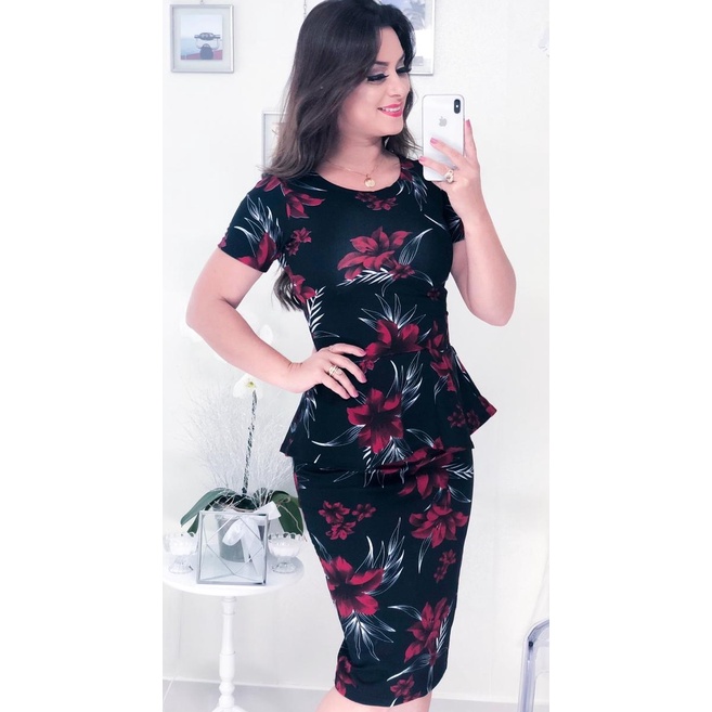 Conjunto Saia Midi Lápis E Blusa Peplum Moda Evangélica Feminina
