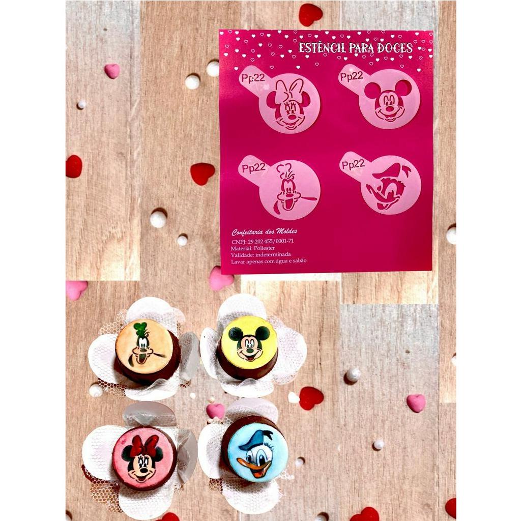 PP22 Kit com 4 mini estêncils personagens para confeitaria e artesanato.