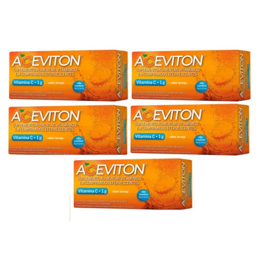 Kit C/ 5 Vitamina C com 1g 10 Cpr Efervescentes Aceviton Cimed Original