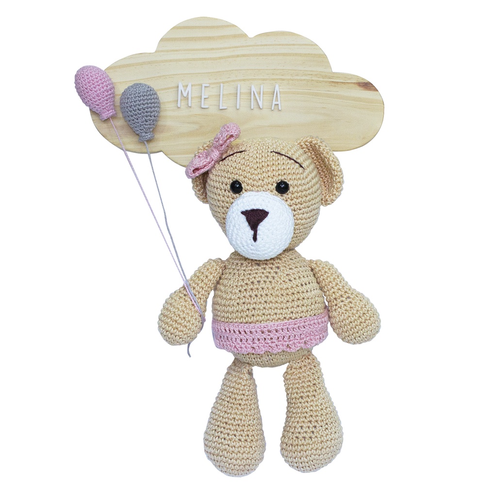 Enfeite Maternidade Ursa Menina Rosa Bexiga Nuvem Pinus Bebê