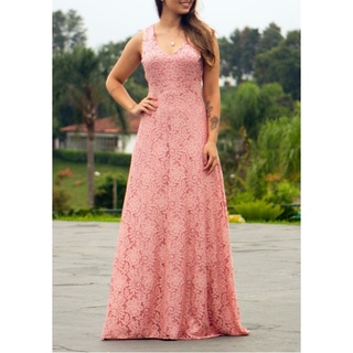 Vestido Longo Rose De madrinha Casamento Festa Formatura Renda Rodado #313