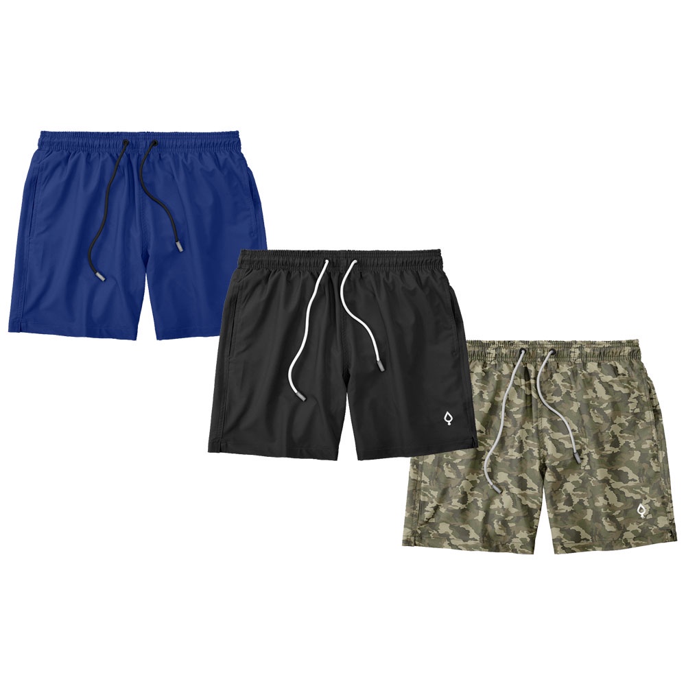 Kit 3 Shorts Bermudas Liso e Estampado Camuflado Masculino Tactel elastano Básico Academia Treino