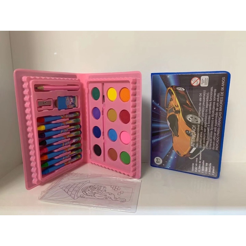 Estojo Maleta Carro / Unicornio Colorido  Infantil Regal Kit Escolar Cores Lapis de cor Giz Colorir Tinta Pincel 24pcs