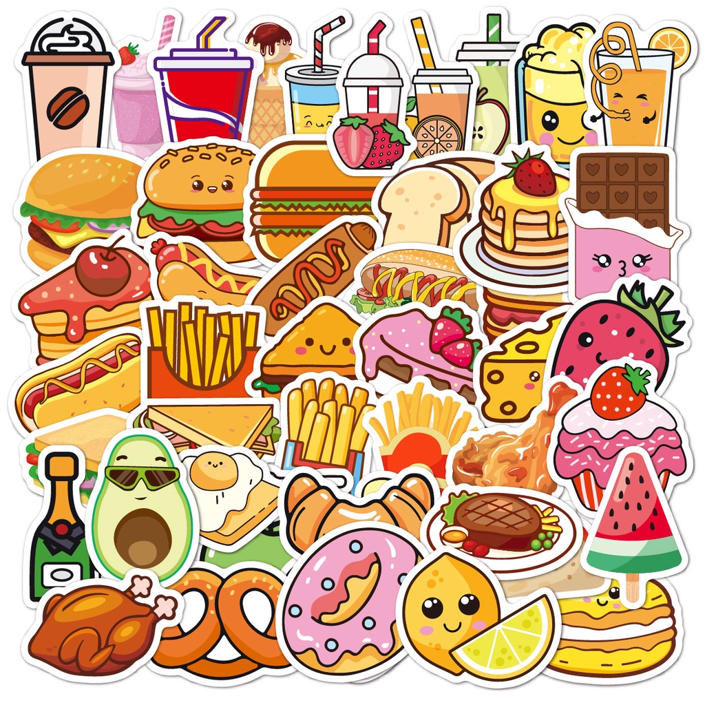 50 Pçs Adesivos De PVC À Prova D'água De Desenho De Comida E Bebidas