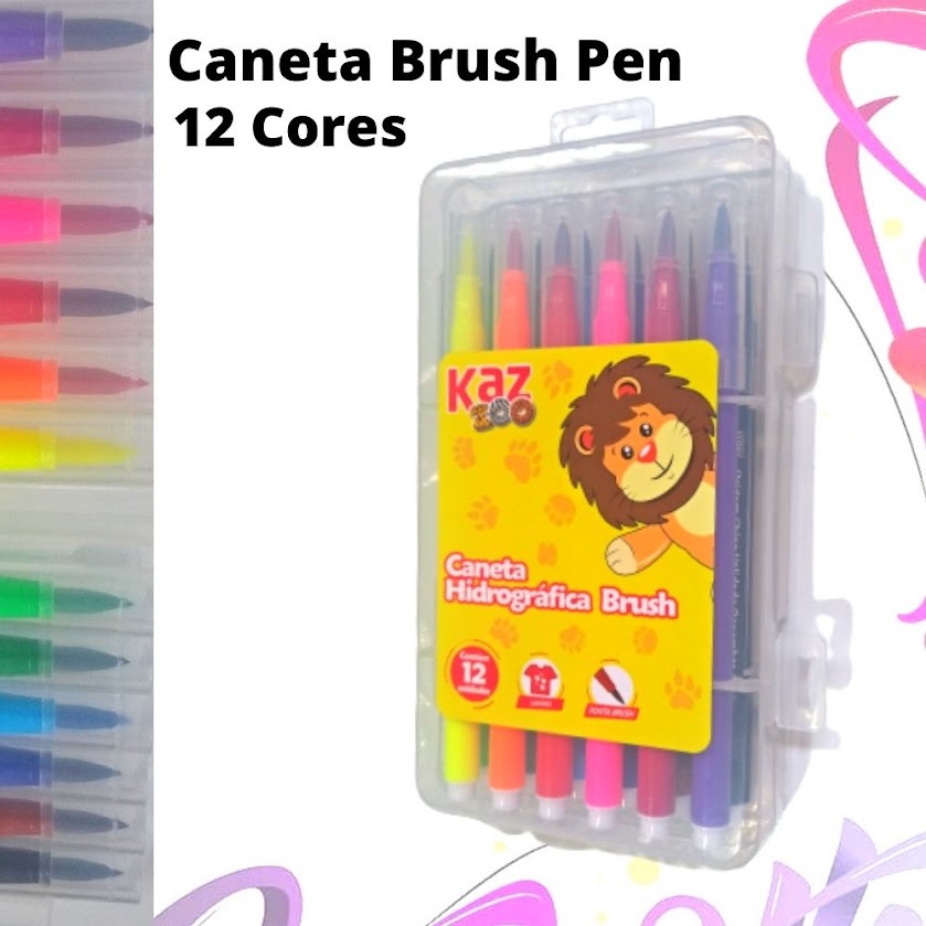 Caneta Brush Pen 12 Cores Lettering Hidrográfica Lavável Kz218 Kaz