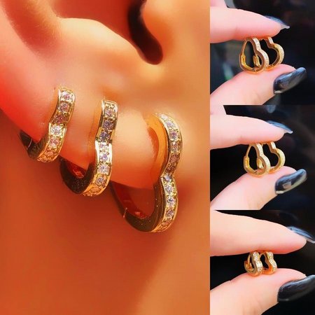 Brinco Trio Argola de Coração Cravejada com Zircônias FOLHEADO OURO 18K Kit 3 pares BRINCOS ARGOLA DE CORAÇÃO CRAVEJADA