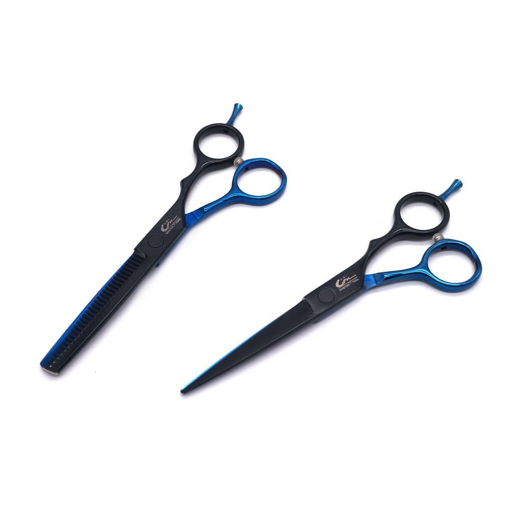 Tesoura Umi Profissional Cor Preto e Azul de 6 Polegadas Fio Navalha, Laser e Desbaste para Corte de Cabelo Barbeiro