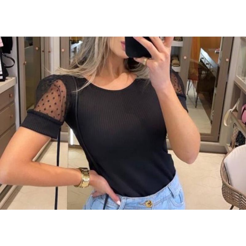 kit 10 Blusas Feminina Manga Bufante Poá transparente!!! em Oferta na Shopee