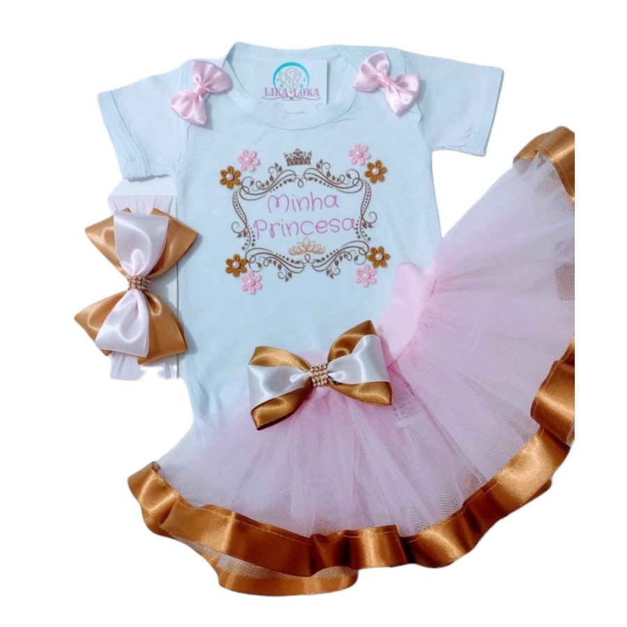Kit Conjunto Body Mesversário Bebê Menina Princesa + Saia Tutu + Laço Infantil Roupa Festa