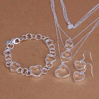 Conjunto De Jóias Colar Brinco Pulseira Corrente Coração Folheado A Prata 925