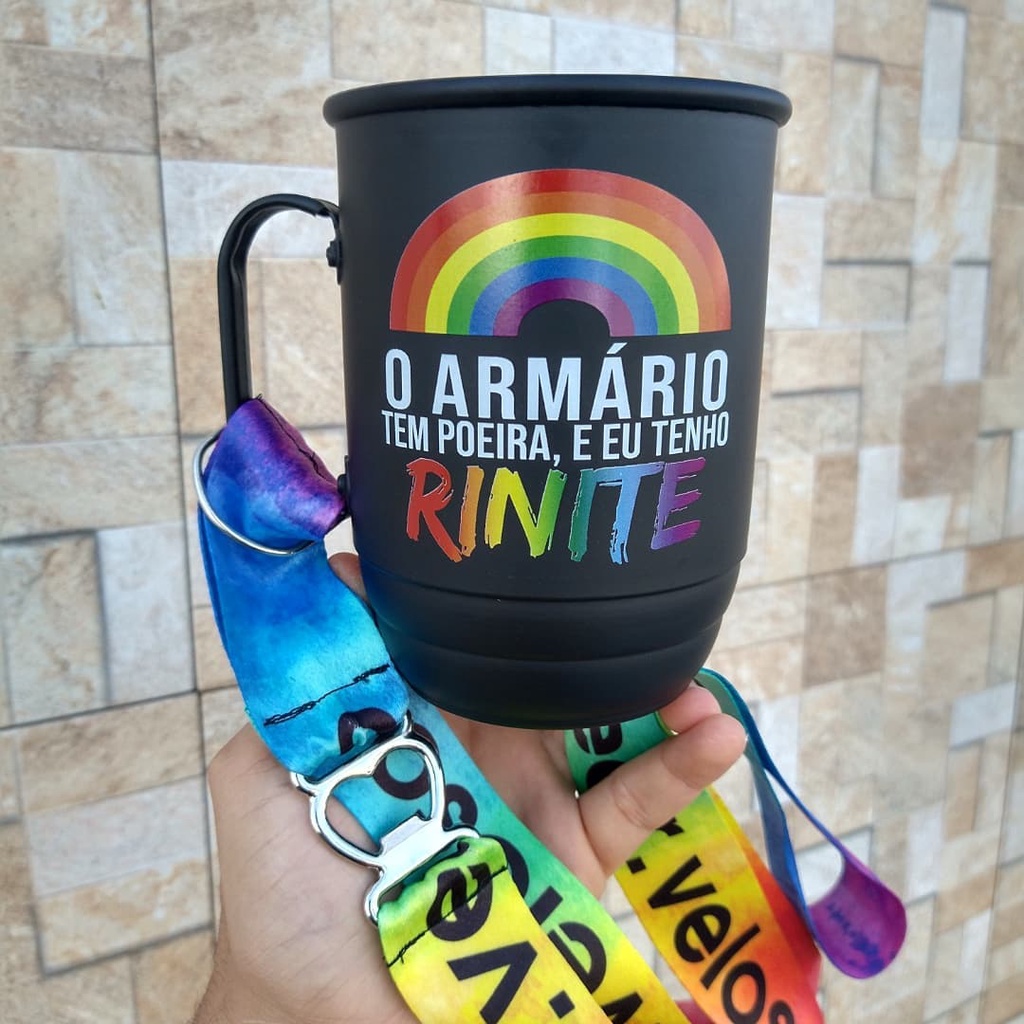 Caneca Alumínio com tirante e abridor - Caneca de alumínio personalizada - Copo e Tirante