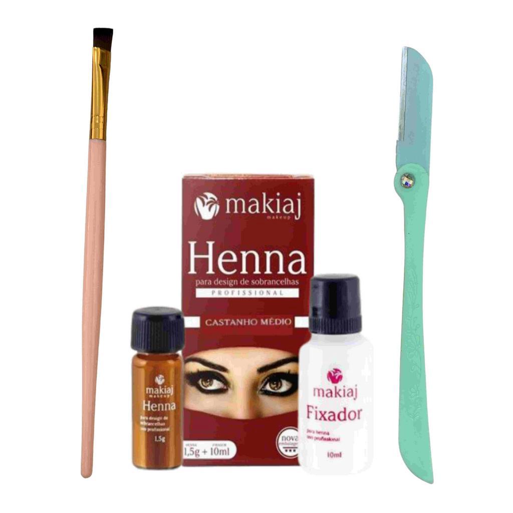 Kit Henna Sobrancelha Makiaj com Pincel chanfrado e Navalha