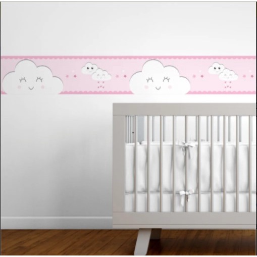 Faixa Decorativa Infantil Papel De Parede Nuvens Rosa menina linda