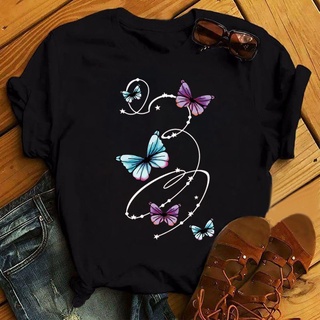Nova Camiseta Estampada Borboleta E Estrela Fashion Feminina Manga Curta Blusas Femininas Gola Redonda Camisetas Gráficas Fofas