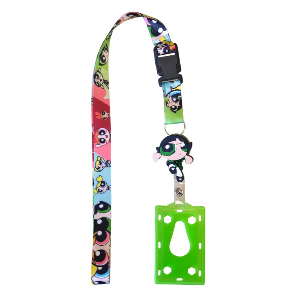 Kit Cordão para Pescoço As Meninas Super Poderosas com Fecho Engate Rápido para Chave Crachá Chaveiro + Porta Crachá Retrátil Personalizado As Meninas Super Poderosas - Docinho + Porta Cartão Verde