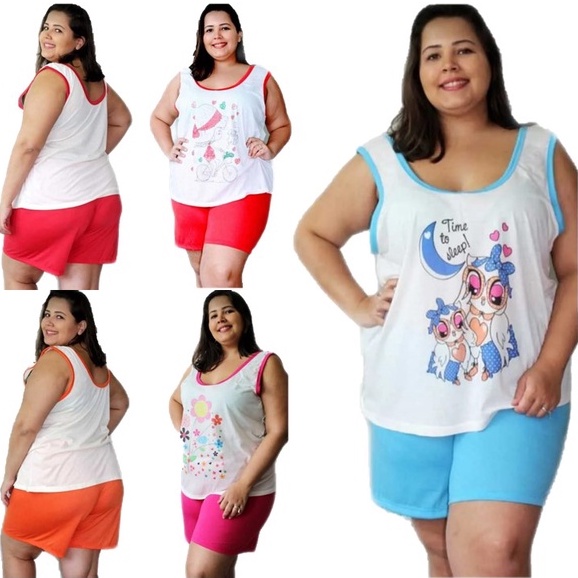 Kit 1 Conjunto Baby Doll Short PIJAMA Malha Plus Size 50-52-54 Senhora Hospital Atacado Regata