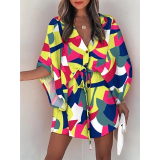 Boho Verão Solto Mini Vestido Mulheres 2022 Moda Floral Imprimir V Neck Meia Manga Vestidos Elegantes Para A Mulher Casuais