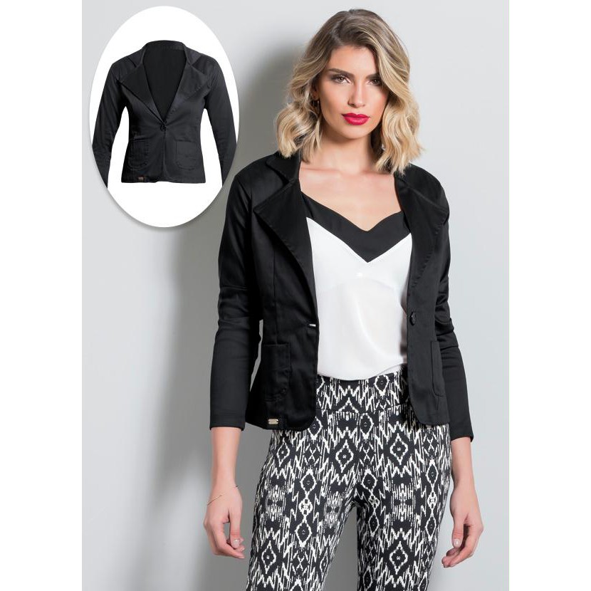 Blazer Feminino Preto em Sarja com Elastano/ Roupa Social/ Moda Elegante/ Estilo Alfaiataria