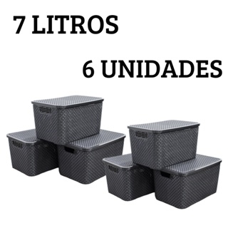 Kit 6 Caixas Organizadoras Cesto Multiuso Rattan 7 Litros Com Tampa Preto Empilhavel em Oferta na Shopee
