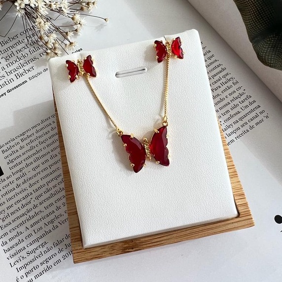 Conjunto Colar e Brinco Borboleta Vermelha Zircônia Banhado a Ouro 18k em Oferta na Shopee