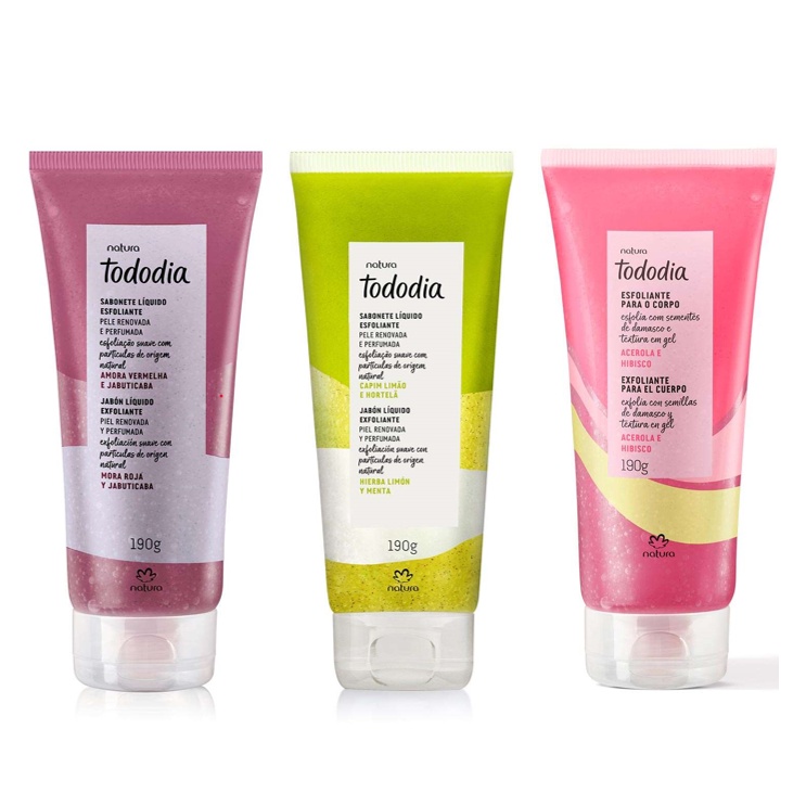 Sabonete Líquido Esfoliante Corporal Tododia Natura - 190g: Capim Limão & Hortelã, Morango & Baunilha, Acerola & Hibisco