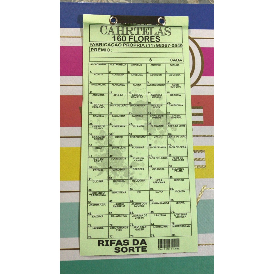 CARTELA DE RIFA 160 FLORES, PCT C/ 10 UNIDADES, CORES SORTIDAS