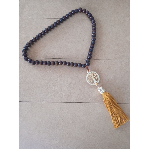 Imagem Japamala 54 Contas Madeira Com Pingente Árvore Da Vida Dourada Rosário Budista Ref:196