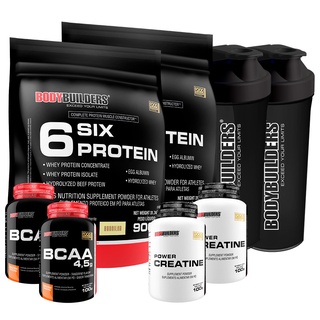 KIT 2x Whey Protein Concentrado 6 Six Protein 900g + 2x BCAA 4,5 100g + 2x Power Creatina 100g + 2x Coqueteleira - Suplementos Para Potencialização da Musculação - Bodybuilders