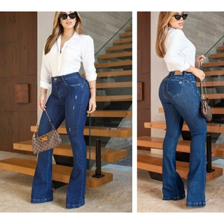 Calça jeans flare feminina cintura alta com lycra elastano