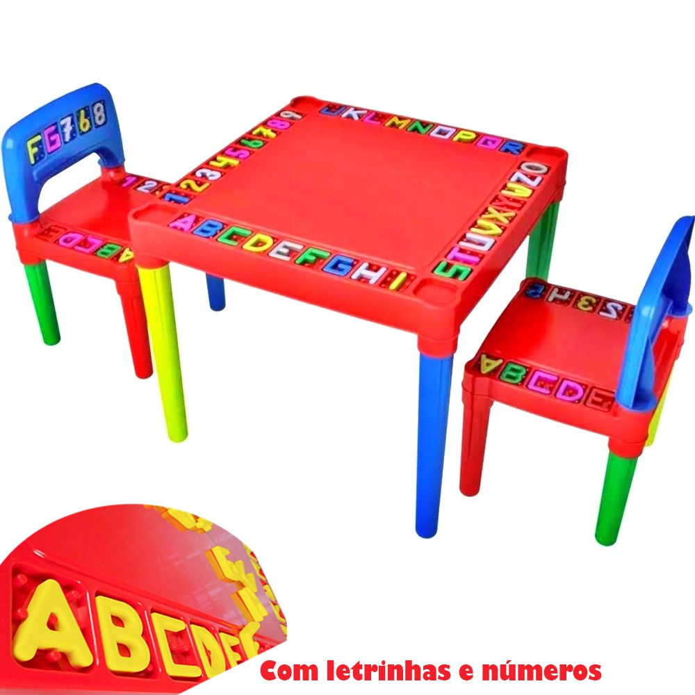 Mesa Infantil de Plástico Mesinha Educativa Didática 2 Cadeiras Com Letras e Números Tritec