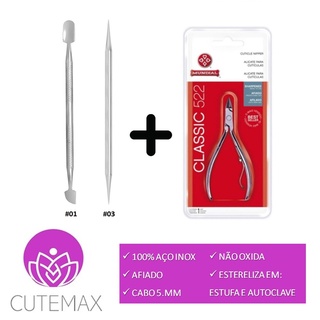 Alicate de cutícula Mundial + espatula + palito inox de manicure em Oferta na Shopee