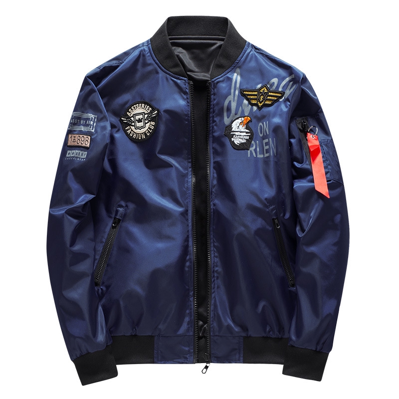 Casaco Estilo Bomber com Distintivo Bordado/ Jaqueta Militar de Piloto/Baseball/Motocicleta/ Casaco em Tamanho Grande