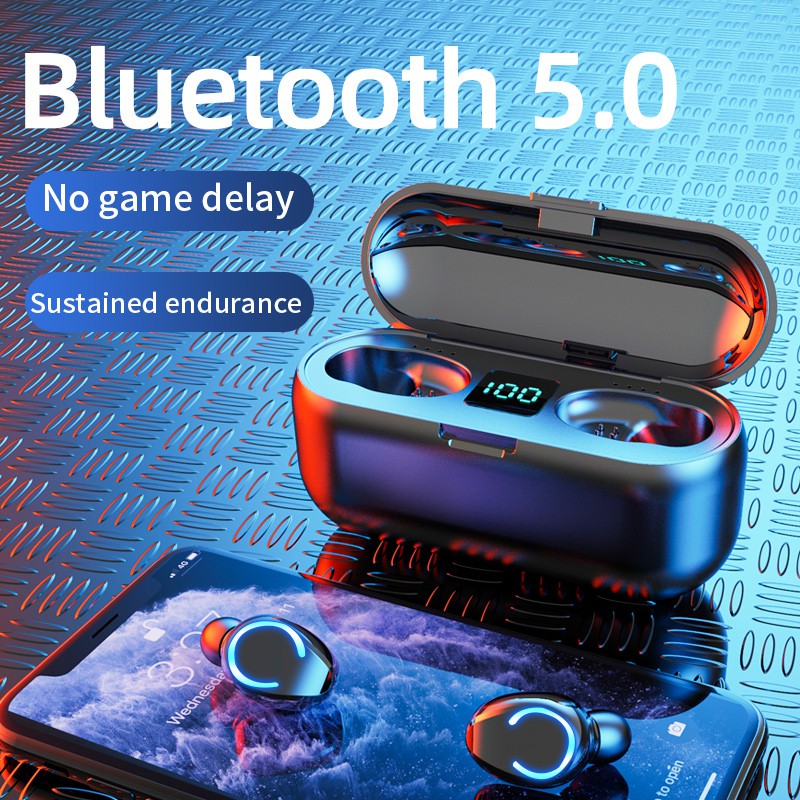 Fone de ouvido sem fio V5.0 Bluetooth HD fone de ouvido estéreo para esportes Fone de ouvido à prova d'água com microfone duplo e bateria de carga de 2000 mAh Cas