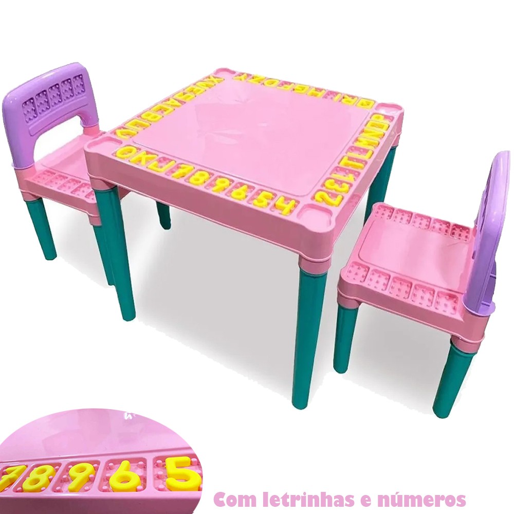 Mesa Infantil Plástico Mesinha Educativa Didática 2 Cadeiras Com Letras e Números Menina Rosa Tritec