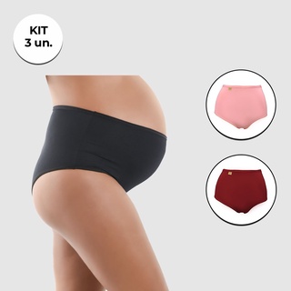Kit 3 unidades Calcinha Gestante e Pós-Parto Ponto Certo Cintura Alta Poliamida Hot Pants