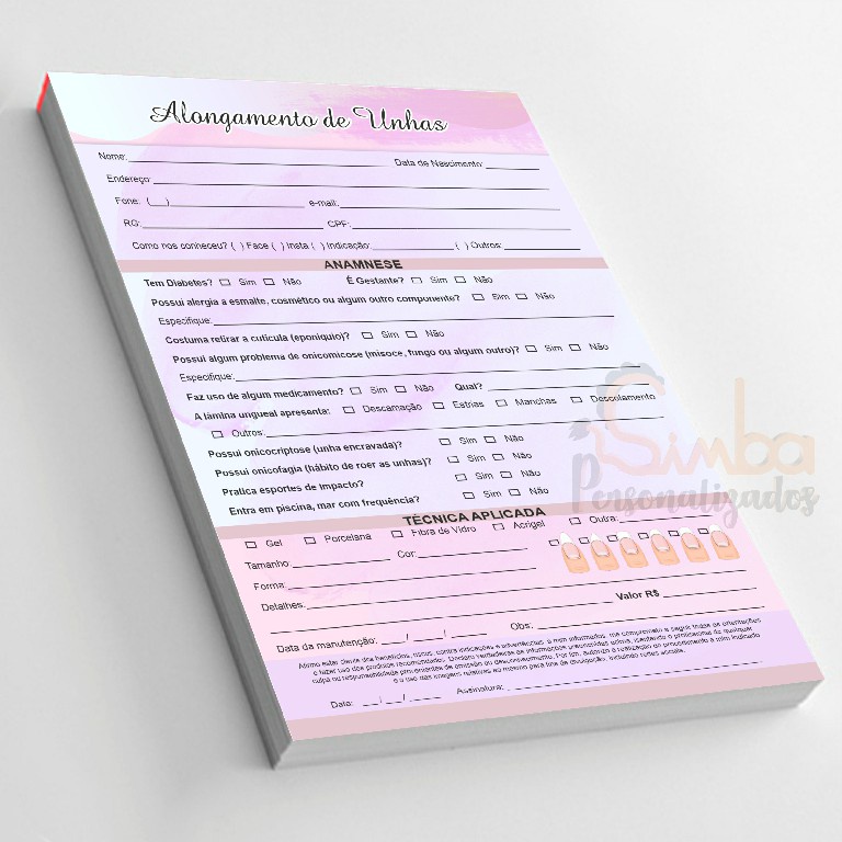 Ficha de Anamnese Alongamento de Unhas - 14x20cm - 100 Folhas