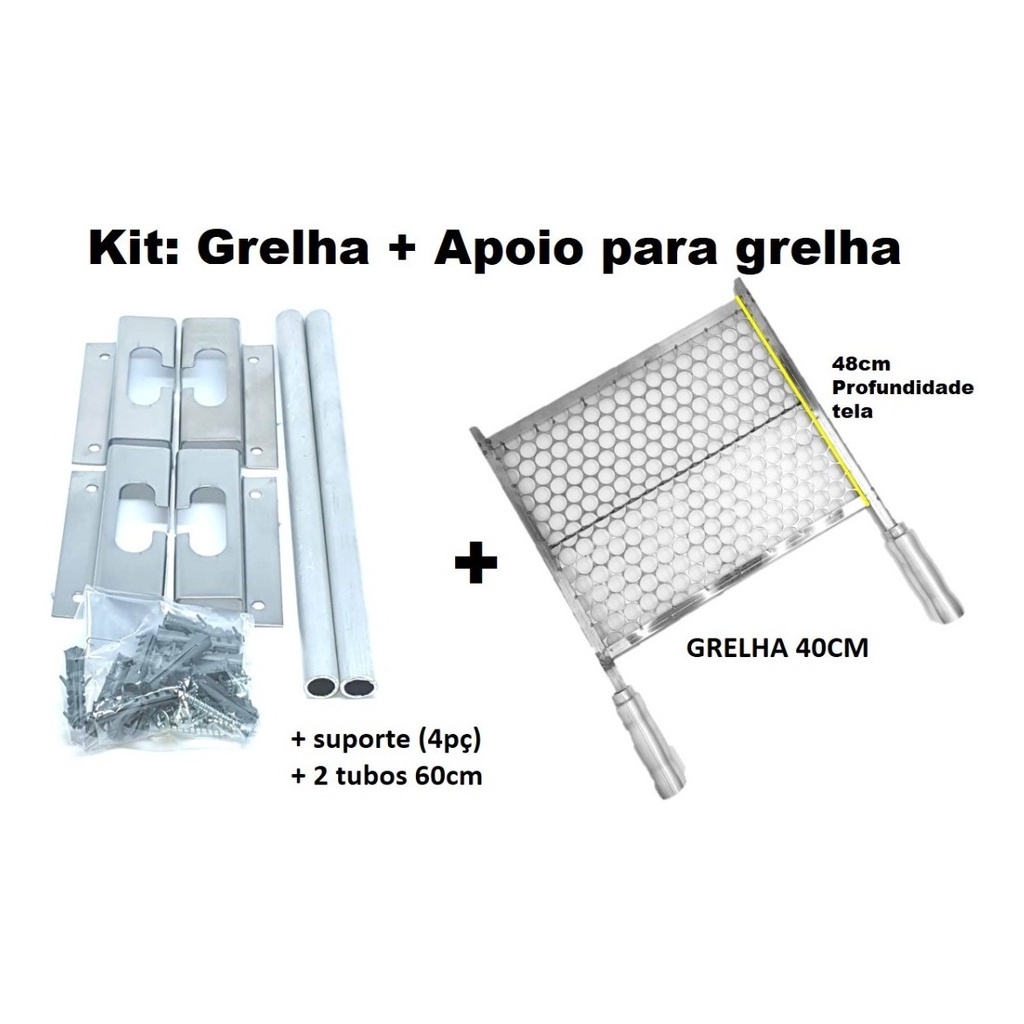 Grelha Para Churrasqueira Tela Moeda Inox 40cm Larg + Apoio de grelha para churrasqueira ate 60cm