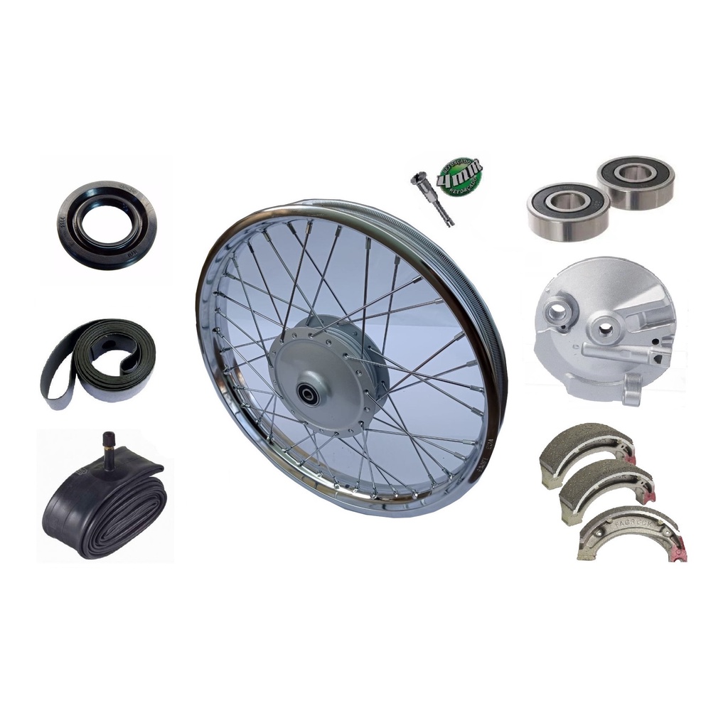 Roda Dianteira Montada Ybr/Factor 125/Rd 125/135/Rx 120/180 Retentor + Rolamento + Espelho +Câmara+Cinta+Patim+Raio 4mm