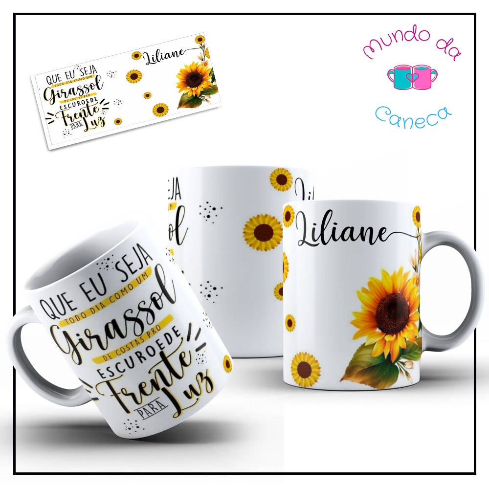 Caneca Personalizada Girassol com Seu Nome de Porcelana