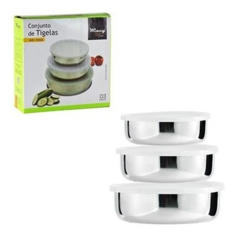 Jogo 3 Potes Tigela Aço Inox Tampa Plástica Wincy Pmg