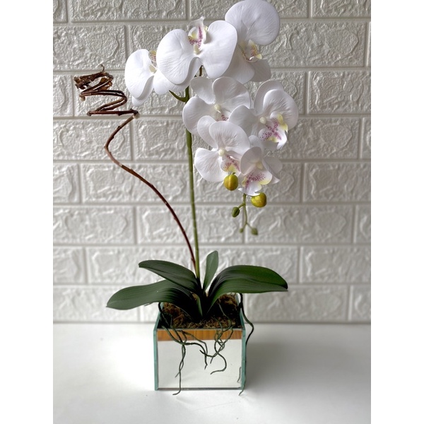 Arranjo de Orquídea Branca Artificial Silicone 3D - Vaso Quadrado Espelhado  P/ Centro de Mesa Casa Sala Decoração | Shopee Brasil