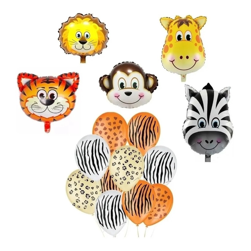 Kit c/ 30 Balão Metalizado Bexiga Latex Animais Safari Leão Tigre Zebra Macaco Leão