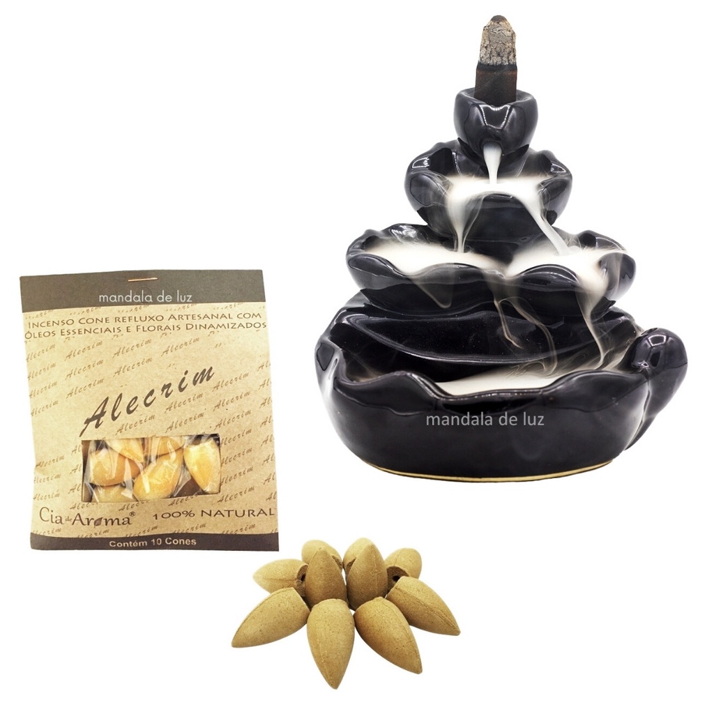 Kit  Incensário Cascata Flor de Lótus Cerâmica + Incenso Cone Alecrim Natural