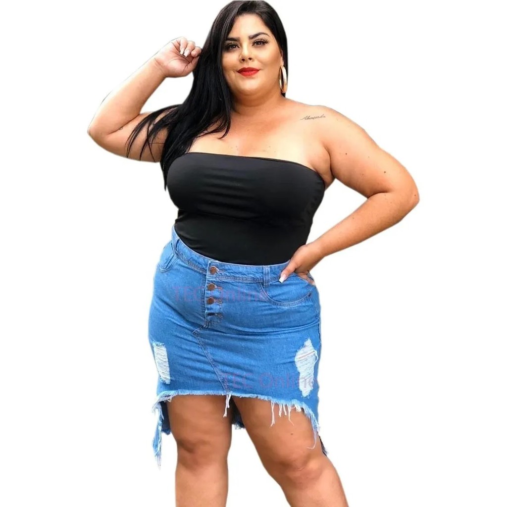 saia jeans curta plus size