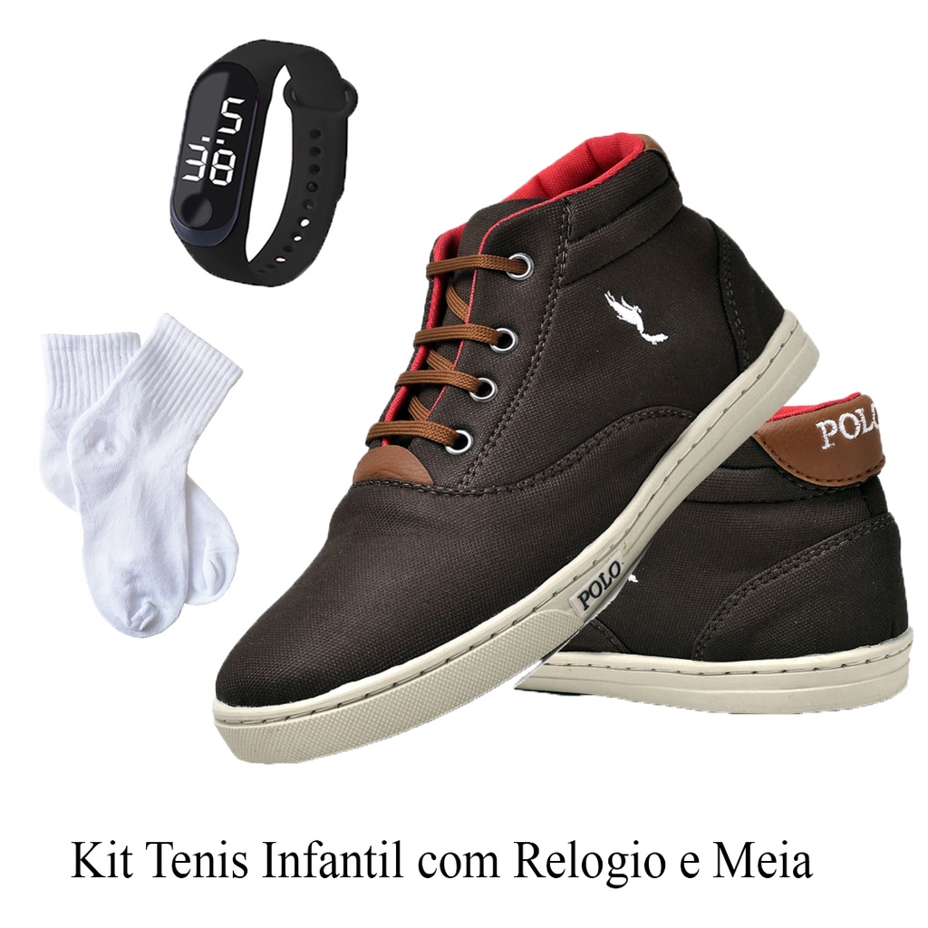 Kit Infantil Juvenil Menino Tenis Casual Café Cano Alto com Relógio Digital e Meia do 27 ao 36