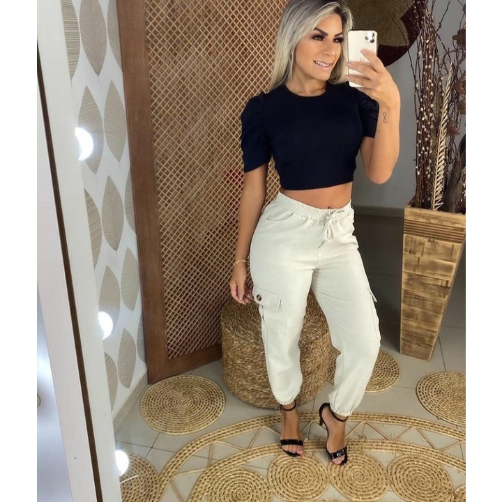 Blusa Cropped feminino princesa manga bufante canelado chic confortável